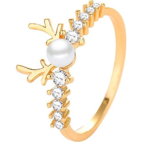 Rings For Woman Fashion Glittering And Pearl Embellished Gold Elk Antlers Zircon Wedding Ring