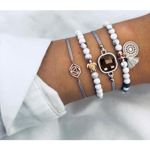 4 Pcs/Set Bohemian Gem Beaded Tassel Turtle Charm Bracelets Set Handmade Women Rope Chain Bangles Bracelets Jewelry Gifts