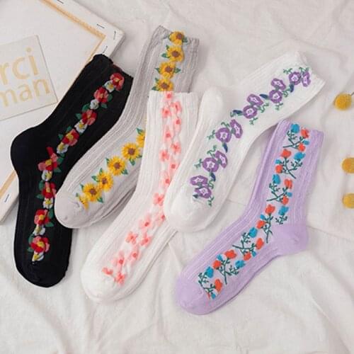 6 Pieces=3 Pairs/Pack Fashion Women Socks Kawaii Flower Print Streetwear Harajuku Crew Ankle Sock TJ3065