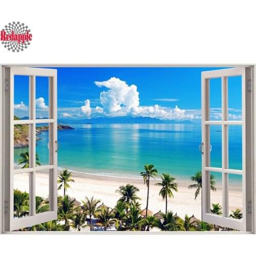 Diamond Painting cross stitch Sea Beach Window Outside Scenery full square 5d diamond mosaic natural view image 3d embroiedey
