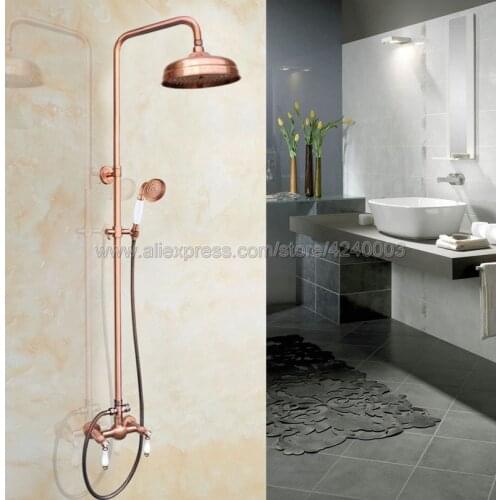 Antique Red Copper Wall Mount Rain Shower Faucet Set Handheld Shower Mixer Tap Dual Handles Faucets Krg584