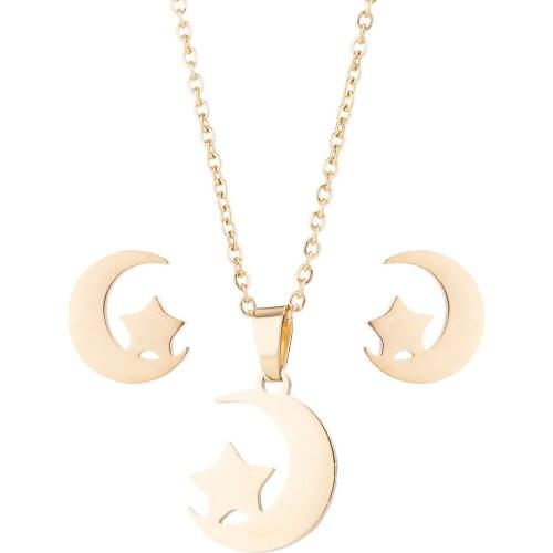 AsJerlya Simple Star Moon Pendant Necklace For Women Bijoux Stainless Steel Jeweley Sets Pentagram Charm Jewelry Accessories