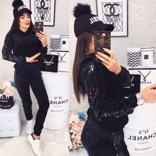 Sequined Side Patchwork Velvet Tracksuit Women Two Piece Set Autumn Clothes Hooded Sweatshirt Top and Pants Velour Suits Outfits
