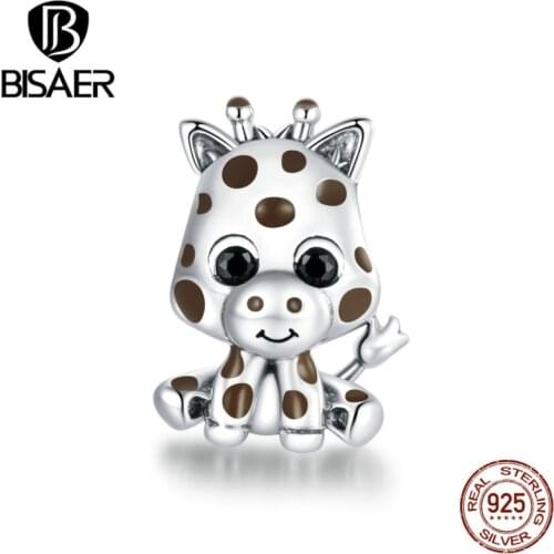 BISAER Baby Giraffe Charms 925 Sterling Silver Animal Beads Fit DIY Bracelet Necklace For Women Lovely Jewelry ECC1691