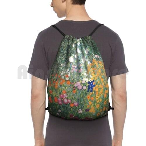 Gutav Klimt Flower Garden Painting Backpack Drawstring Bag Riding Climbing Gym Bag Gutav Klimt Retro Vintage Art Kiss The
