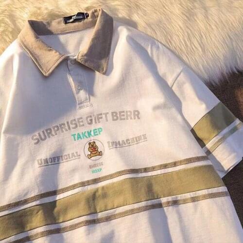 White Polo Collar Button Splicing Letter Print Oversized T Shrit for Women Fashion Tops Short Sleeve Casual Teens Summer Tshirt