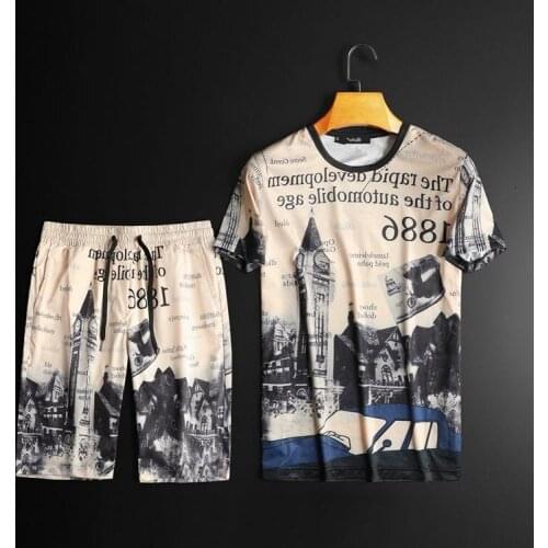Letter Print Sleeve T Shirt 2 Piece Slim Fit Outfits Set 2021 Spring High Quality Tracksuit Top And Short Men