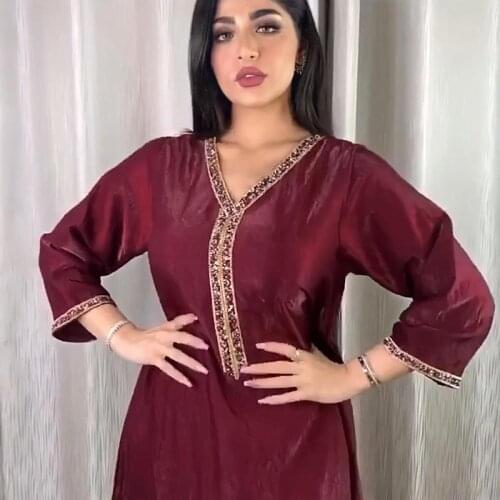 Jalabiya Long Sleeve Maxi Dress for Women Fall 2021 New Dubai Abaya Fashion Diamond Ribbon V Neck Muslim Arabic Women Robe