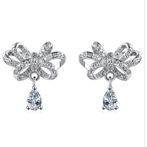KOFSAC New Fashion 925 Sterling Silver Earrings for Women Wedding Party Exquisite Crystal Cute Bowknot Earring Fine Jewelry Gift
