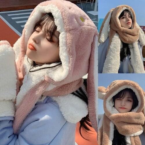 Fashion Winter Warm Sweet Cartoon Rabbit Ear Hat Cute Windproof Scarf and Gloves Set Cute Winter Thick Hoodies Scarf with Mitten