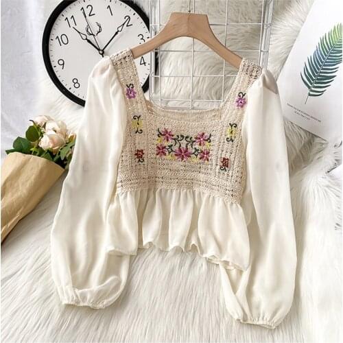 2021 Spring Summer Boho Crochet Crop Top Shirt Women Long Sleeve Elegant Chiffon Blouse Ladies Loose Cropped Korean Blusa Mujer