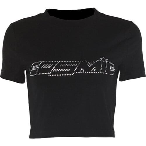 Fashion Women T-shirts Rhinestone Bling Shiny Drill Tees Cotton O-neck Tank Top Short Sleeve Letters Print Sexy Shirts Crop Top