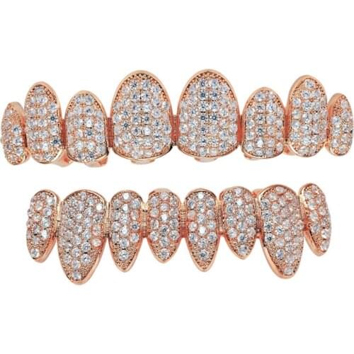 Mens Hip Hop Fang Irregular Top Bottom teeth Grillzs Set Rose Gold Color Micro Pave CZ Zircon Bling Iced Out Rapper Jewelry