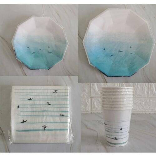 Beach Gradual Pattern Disposable Tableware Set Paper Plate Paper Towel Paper Cup Birthday Party Festival Celebration