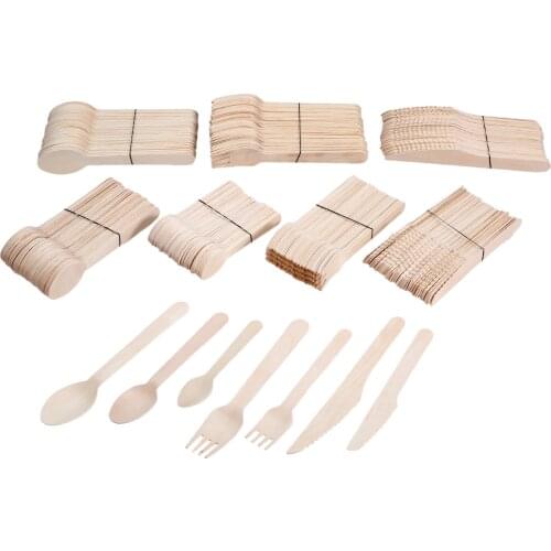 Dophee 50pcs Disposable Wooden Cutlery Forks Spoons Dessert Utensils Party Tableware Biodegradable, compostable 11cm 14cm