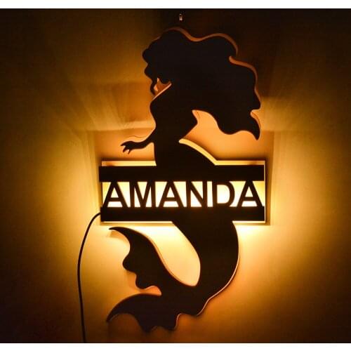 Mermaid Wall Light Wood LED Custom Name Night Light For Baby Girls Personalized Nightlight Indoor Decorations Gift
