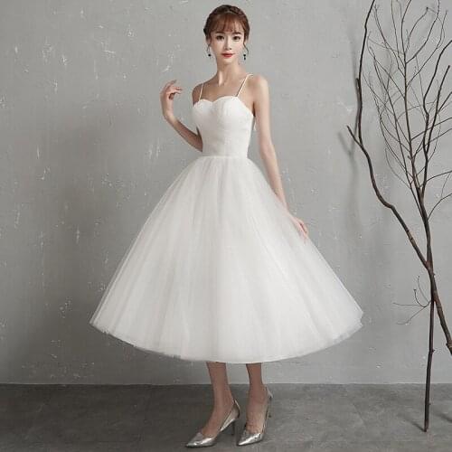 Cheap High Quality Short Wedding Dress for Bride Spaghetti Straps Ruched Top Corset Back Tea Length Bridal Gown