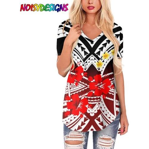 NOISYDESIGNS Samoan Plumeria Design T-Shirt Fashion Casual Short Sleeve Top V Neck Lady Tshirt Harajuku Camisetas Verano Mujer