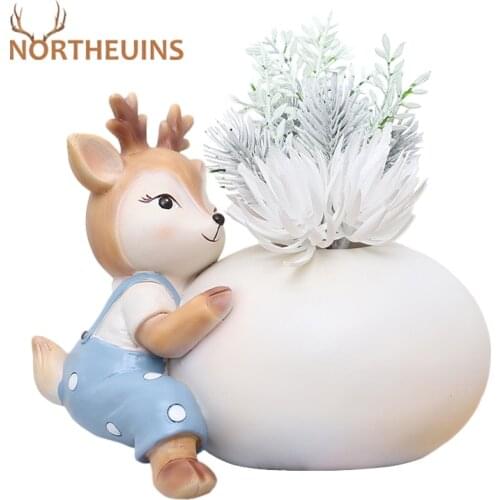 NORTHEUINS Resin Sika Deer Cute Pots Nordic Easter Sunday Egg Flower Vase Home Interior Decor Accessories Planter For Plant Gift