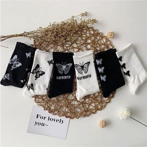 Cartoon Socks Cute Bow Print White Black Calcetines Funny Fall Harajuku Fashion Women Skarpetki Damskie Woman Chaussette Femme