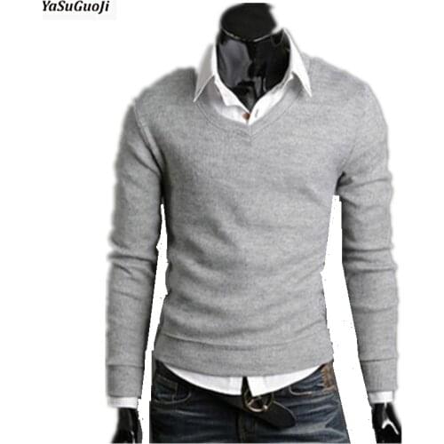 YASUGUOJI New 2019 autumn solid color V-neck casual sweater men slim fit basic pullover men pull homme size m-2xl 7-colors TTS1