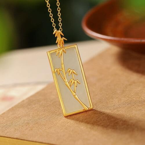 Original S925 Sterling Silver Gold Plated Natural Hetian Jade Gray Jade Pendant Ancient Style Chinese Style Creative Bamboo Join