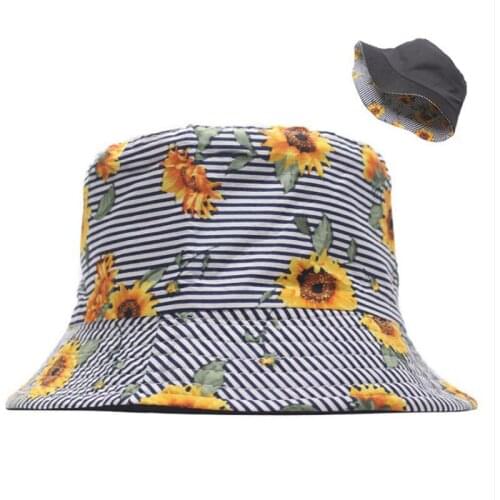 Bucket Hat Women Summer Sun Beach Sunflower Stripes Reversible Panama Spring Wide Brim Climbing Holiday Outdoor Accessory