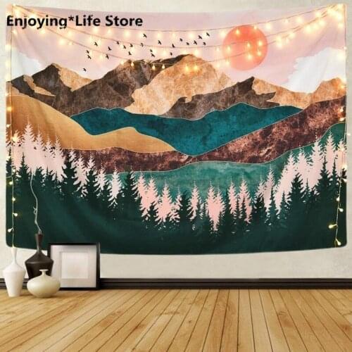 Psychedelic Forest Sun And Mountain Tapestry Wall Hanging Home Dorm Backdrop Decor Art Tapestry WallCarpet Hippie Tapestry Cloth