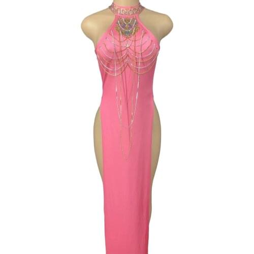 Pink High Split Fork Sexy Cheongsam Dress Gold Silver Rhinestones Chain Party Evening Costume Ladies Performance Clothing