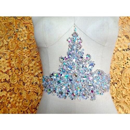ZBROH Pure hand made dazzling clear AB colour sew on Rhinestones applique crystals patches 36*18cm DIY dress accessory