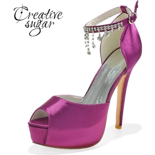 Creativesugar Platform high heel D'orsay peep toe woman ankle strap crystal tassel ladies wedding evening party cocktail shoes