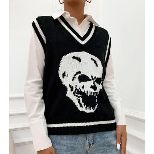 2021 New Style Women’s Knitted Sweater Vest Casual Sleeveless V Neck Skull Print Loose Tank Tops Spring And Autumn Hot