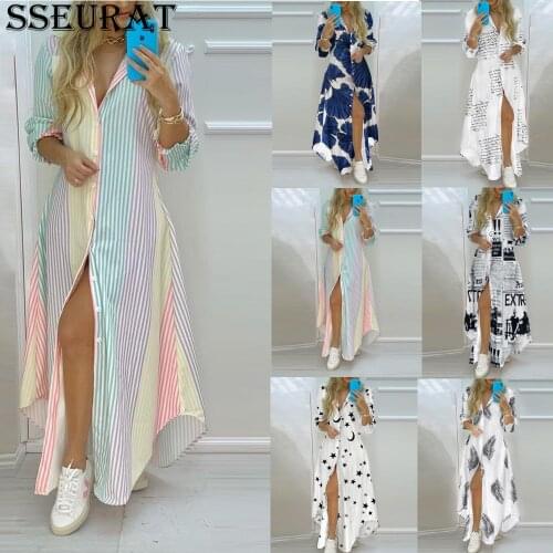 SSEURAT Ladies Letter Stripe Print Irregular Deep V Neck High Split Dresses For Women 2021 Summer Fashion Sexy Shirt Long Dres