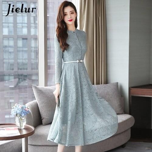 Jielur New Elegant Lace Dress Women Korean Slim V-neck Office Lady Trumpet Dress Long Sleeve Autumn Fashion Sexy Dresses S-XL