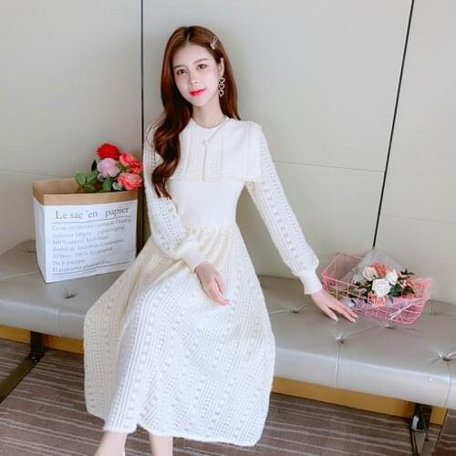 Women Warm Sweater Dress Autumn Winter Hollow Out White Elastic Stretch Long Sleeve Knitting Dresses Female Slim Knit Vestidos