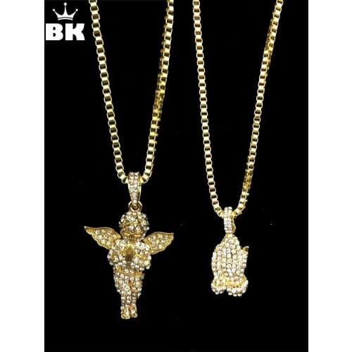 Gold Tone Iced Out Necklace Set Micro Angel Pendant &Prayer Hands Pendants Necklace Set with 24" Box Chain Necklace Bling Bling