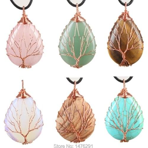 42x30MM 6 Colors Crystal Stone Water Drop Handmade Wire Winding Plated Gold Pendant 1PCS