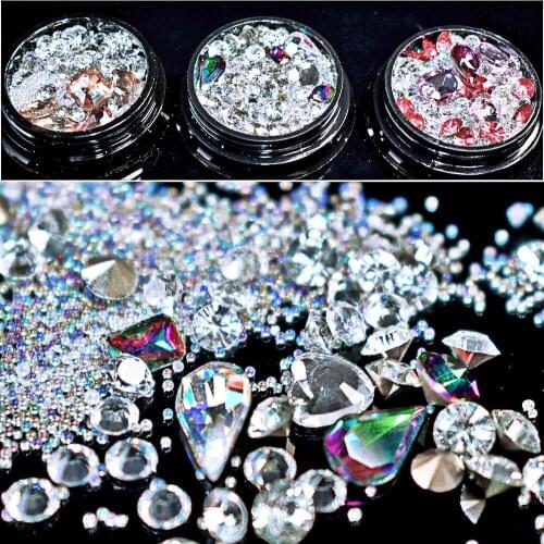 3 Box/lot Nail Studs Crystal Clear 3D Glass Diamond Sharp Bottom AB Caviar Mini Beads Rhinestoens Manicures Decora Nail Art DIY
