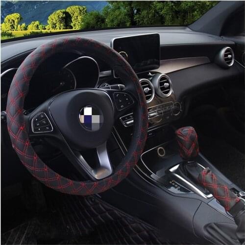 3Pcs/Set Steering Wheel Cover Selector Lever Cover Handbrake Cover PU Leather 37/38CM Wheel Diameter Universal Car Styling