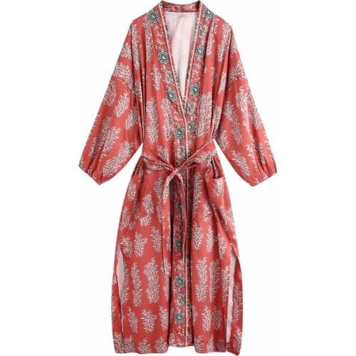 Satin Red Floral Print Boho Beach Robe Long Sleeve Kimono Dresses Women Bikini Cover Up Vintage Side Split Vestidos Cardigan