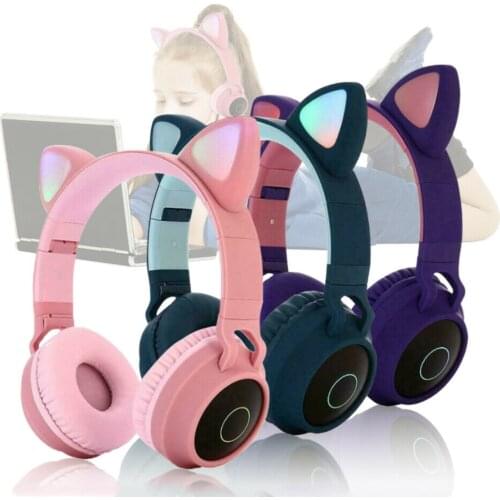 Wireless Cat Ear Noise Cancelling Headphones LED Bluetooth Flashing Glowing Headset Gaming Tablet Earphone for Kids Adults 3.5mm