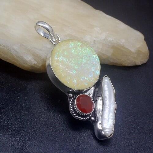 Gemstonefactory Jewelry Big Promotion 925 Silver Dichroic Glass Ruby Biwa Pearl Women Ladies Mom Gifts Necklace Pendant 0420