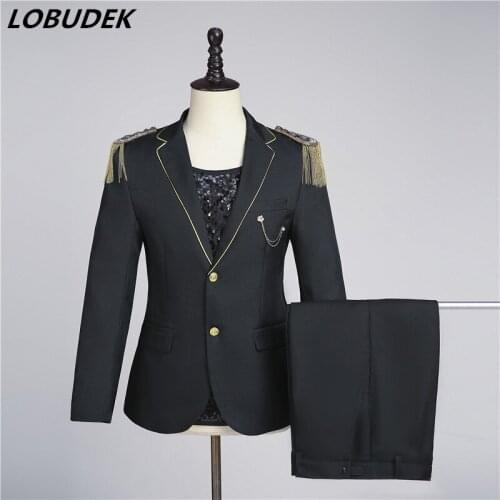 2 Piece Set Male Singer Dance Performance Tassel Medal Warlord Suit Mens Star Dancer Groups Evening Party Stage Formal Clothes
