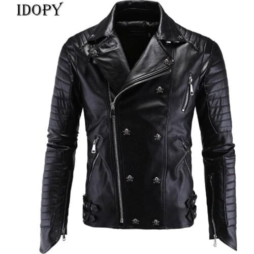 Idopy Punk Faux Leather Jacket Men New Skull Motorcycle Multi Zippers Slim Fit Coat Outerwear PU Clothing