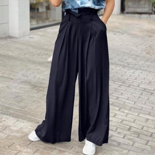 Fashion ZANZEA Autumn Women Wide Leg Pants Solid Loose Long Trousers Elegant Office Work Pantalon Femme Robe Flare Palazzo