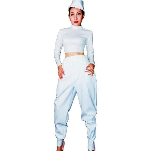 Fashion Long Sleeve Women White Tops Trousers Model Catwalk Costumes Pole Dancing Wear Nightclub Singer Performance Stage Outfit