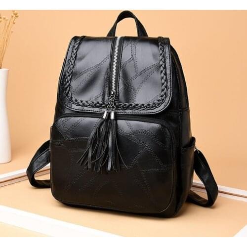 Fashion Solid Color College And Middle School Student Schoolbag Trend 2021 Winter New Ladies Pu Backpack Black Stitching Backpac