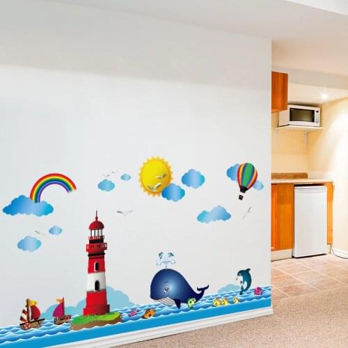 Cartoon lighthouse whale Wall Sticker for kids Childrens room background home decoration Mural art Decals wallpaper stickers