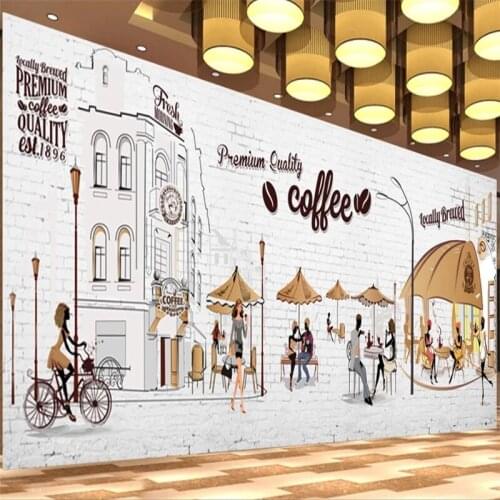 Cartoon Hand Drawn Coffee Shop Scene Photo 3D Wallpaper Coffee Restaurant Cafe Industrial Decor Background Wall Mural Waterproof