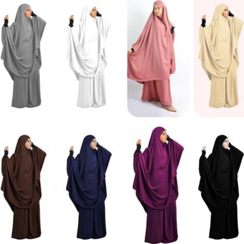 Muslim New Style Women Clothing Ladies Two-piece Robe Skirt Suit Arab Solid Color Hooded Hijab Top Skirt Suits Full Wrap Women